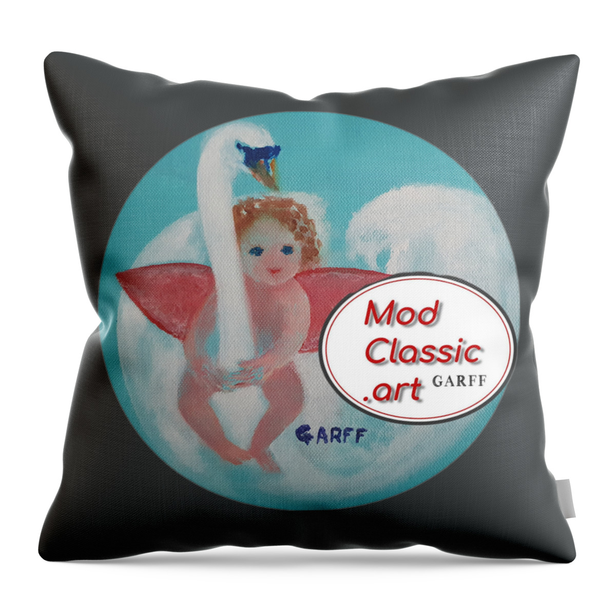 Cupid Throw Pillow featuring the painting Amorino with Swan ModClassic Art Style by Enrico Garff