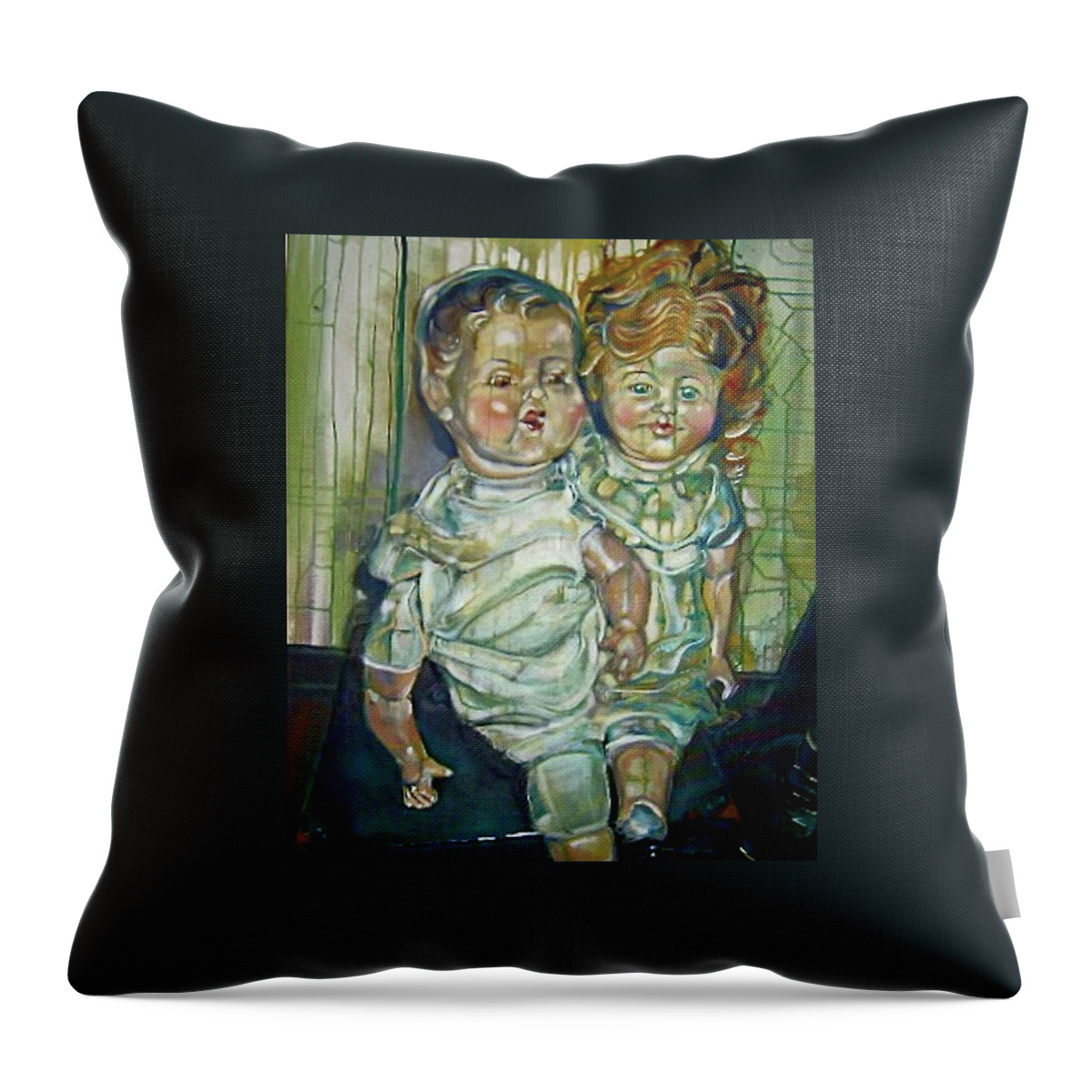  Throw Pillow featuring the painting Antique Dolls by Try Cheatham