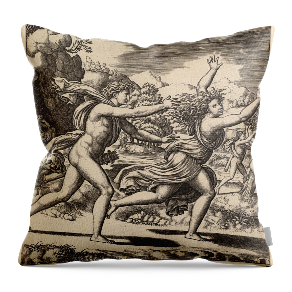 Master Of The Die Throw Pillow featuring the drawing Apollo chasing Daphne by Master of the Die