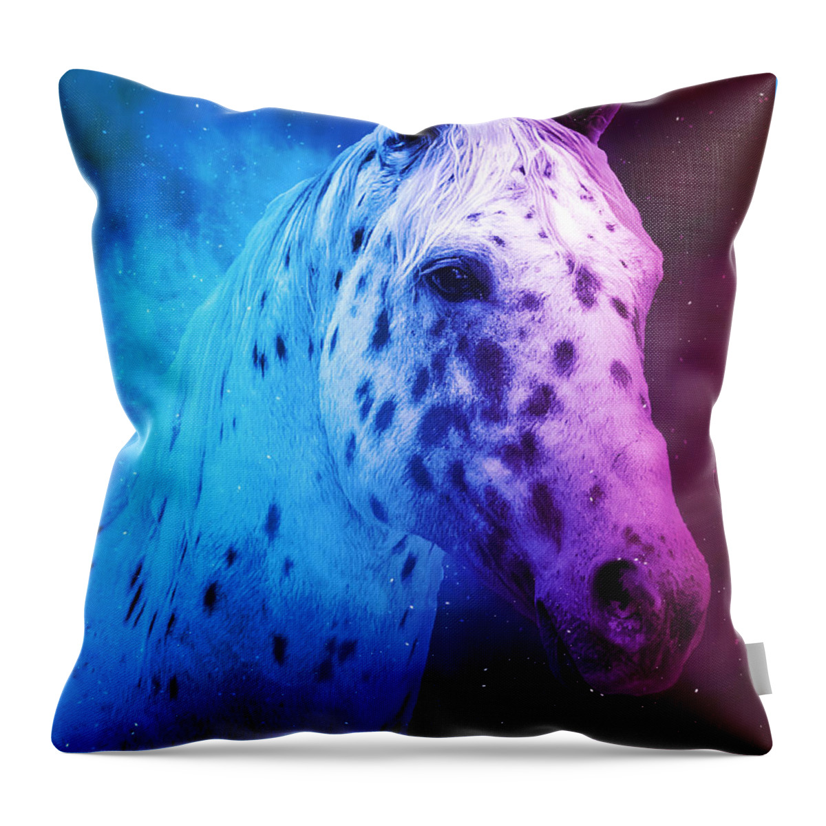 Appaloosa Throw Pillow featuring the digital art Appaloosa horse close up portrait in blue and violet by Nicko Prints