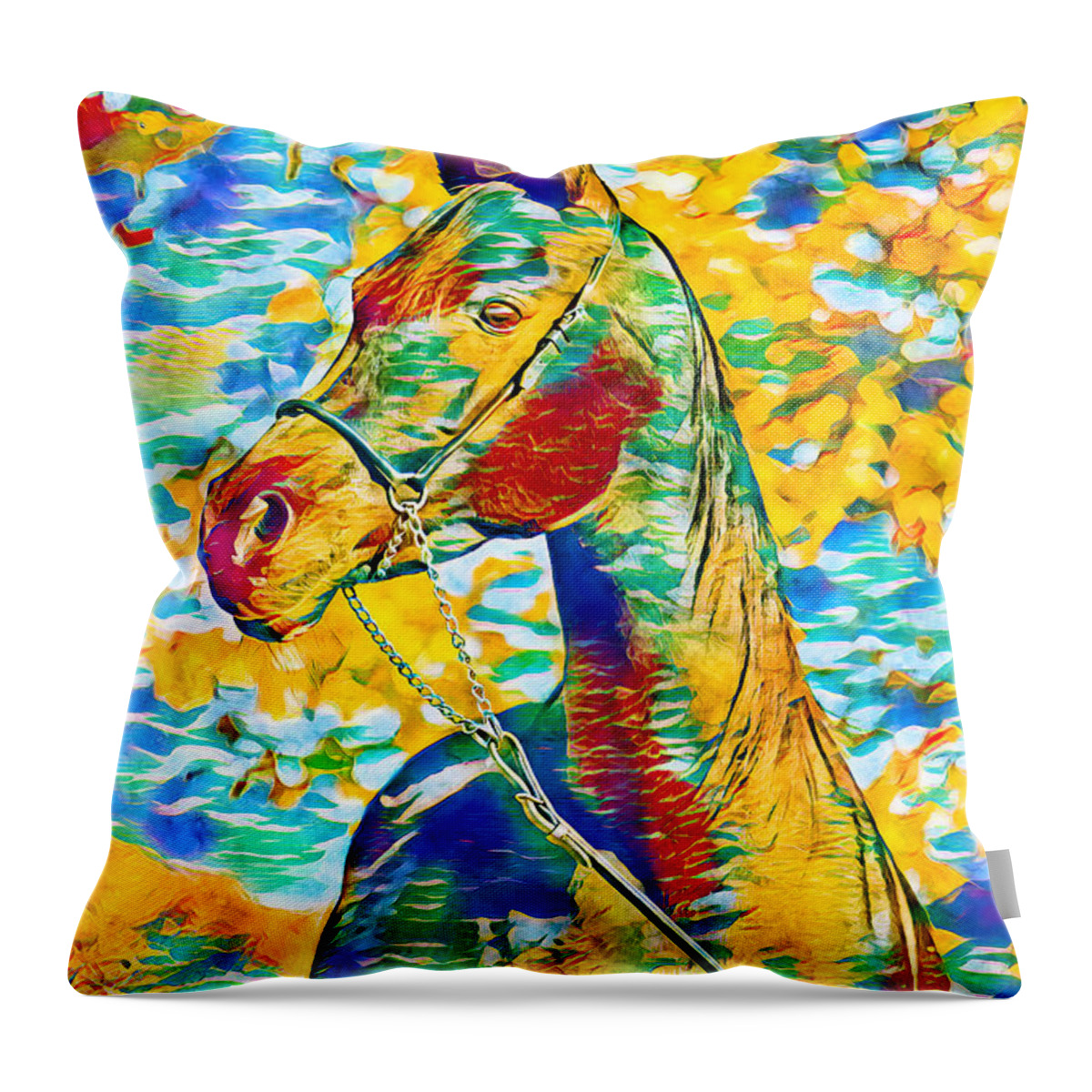 Arabian Horse Throw Pillow featuring the digital art Arabian horse colorful portrait in blue, cyan, green, yellow and red by Nicko Prints