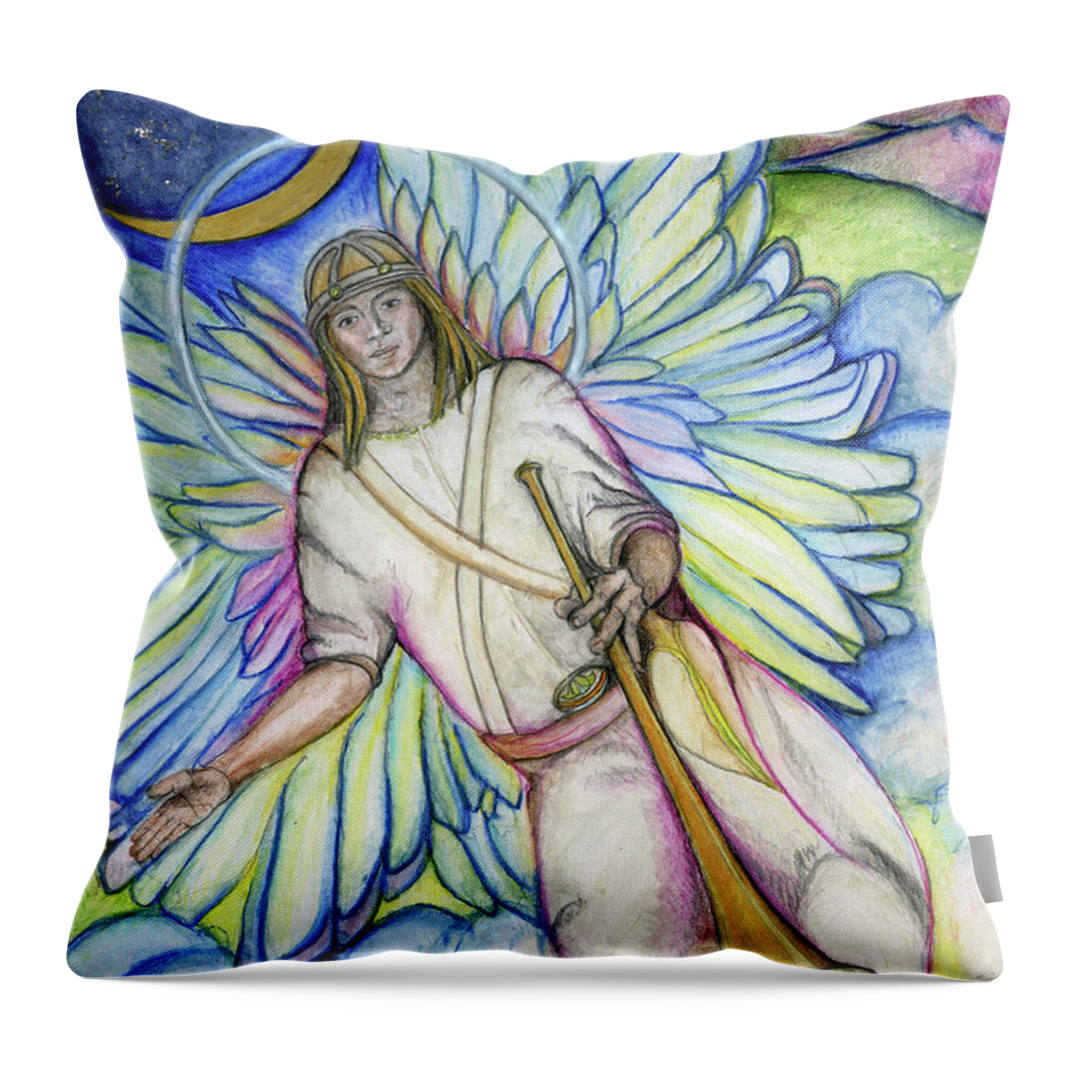 Archangel Throw Pillow featuring the painting Archangel Gabriel by Jo Thomas Blaine