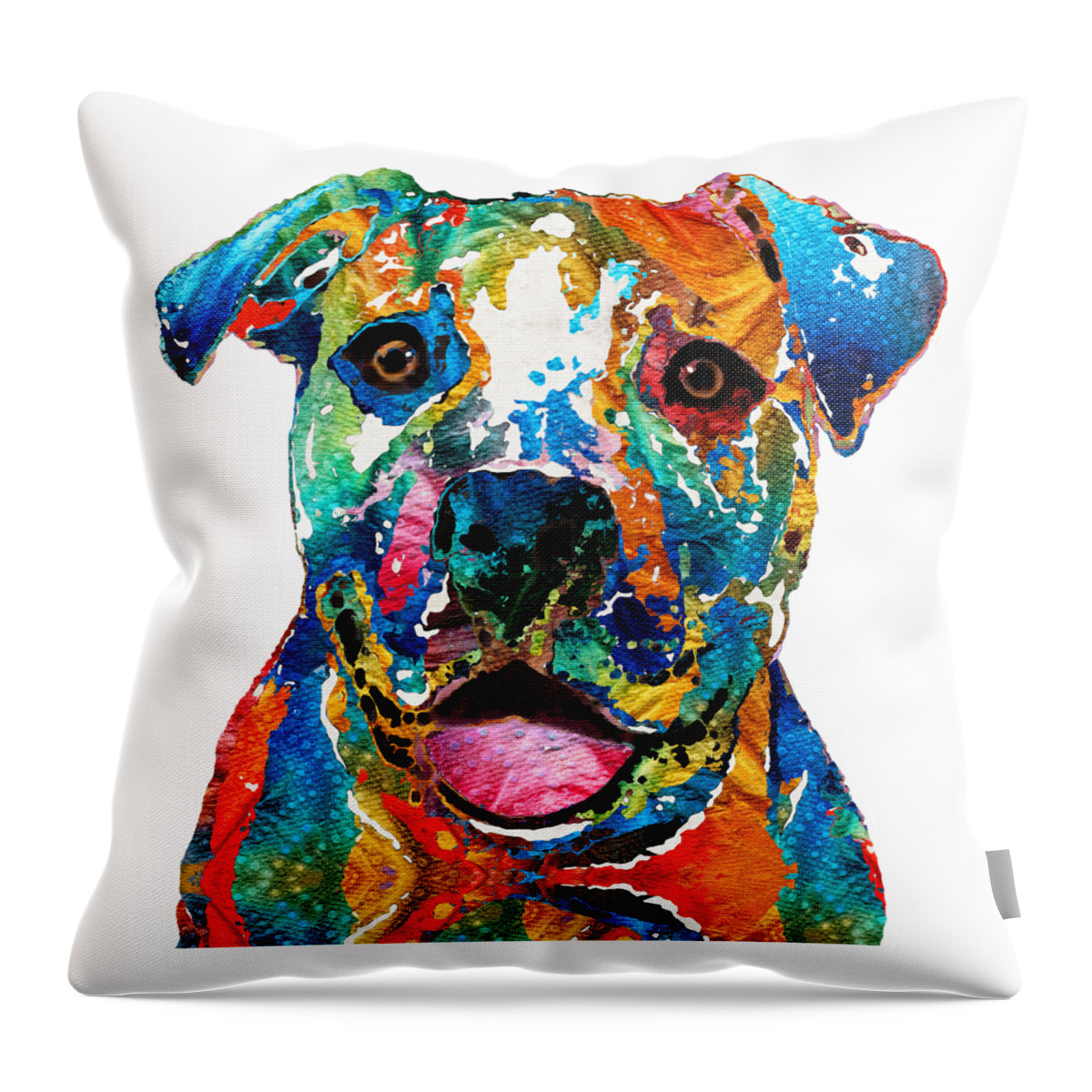Dog Throw Pillow featuring the painting Colorful Dog Pit Bull Art - Happy - By Sharon Cummings by Sharon Cummings