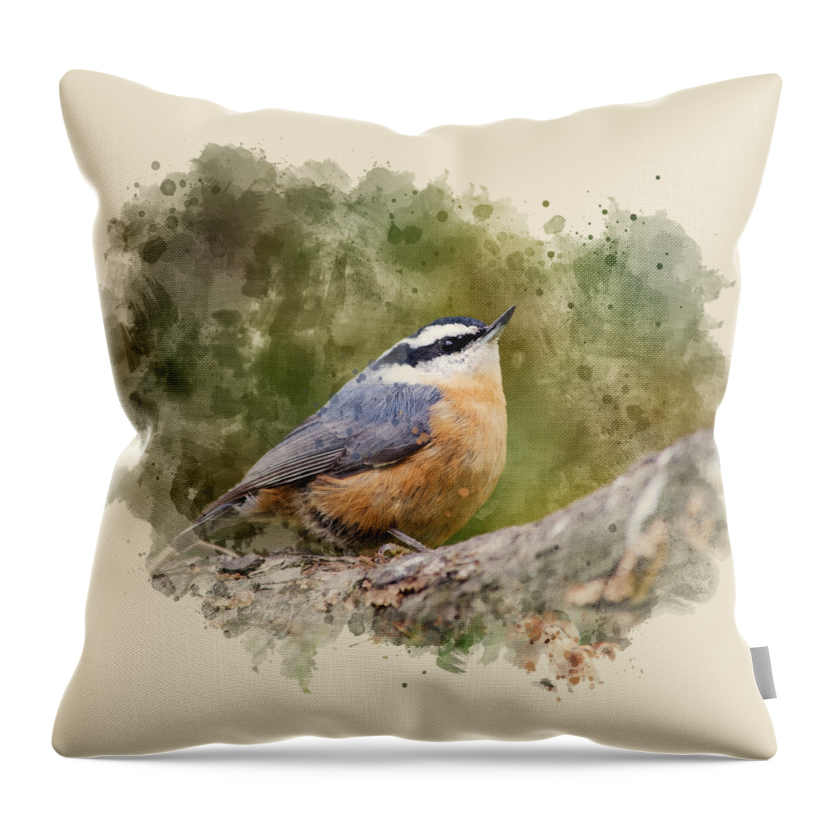 Nuthatch Throw Pillow featuring the mixed media Nuthatch Watercolor Art by Christina Rollo