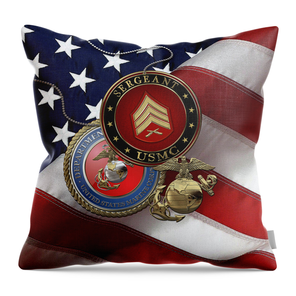 Military Insignia & Heraldry Collection By Serge Averbukh Throw Pillow featuring the digital art U.S. Marine Sergeant - USMC Sgt Rank Insignia with Seal and EGA over American Flag by Serge Averbukh