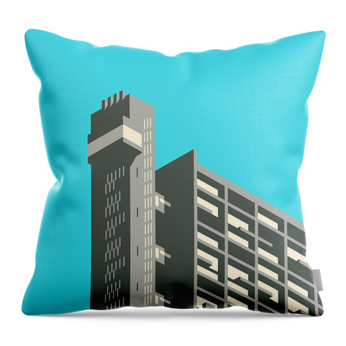 Trellick Throw Pillow featuring the digital art Trellick Tower London Brutalist Architecture - Cyan by Organic Synthesis