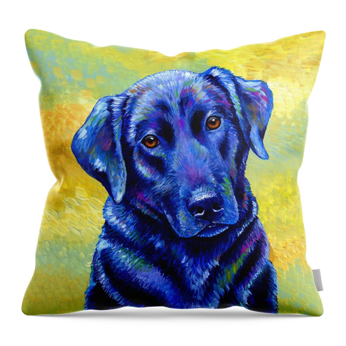 Labrador Retriever Throw Pillow featuring the painting Loyal Companion - Colorful Black Labrador Retriever Dog by Rebecca Wang