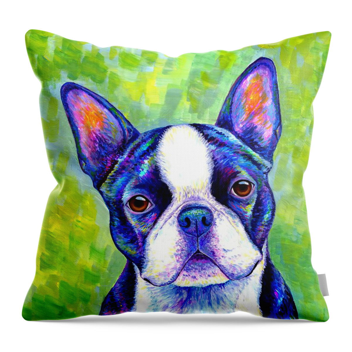 Boston Terrier Throw Pillow featuring the painting Effervescent - Colorful Boston Terrier Dog by Rebecca Wang