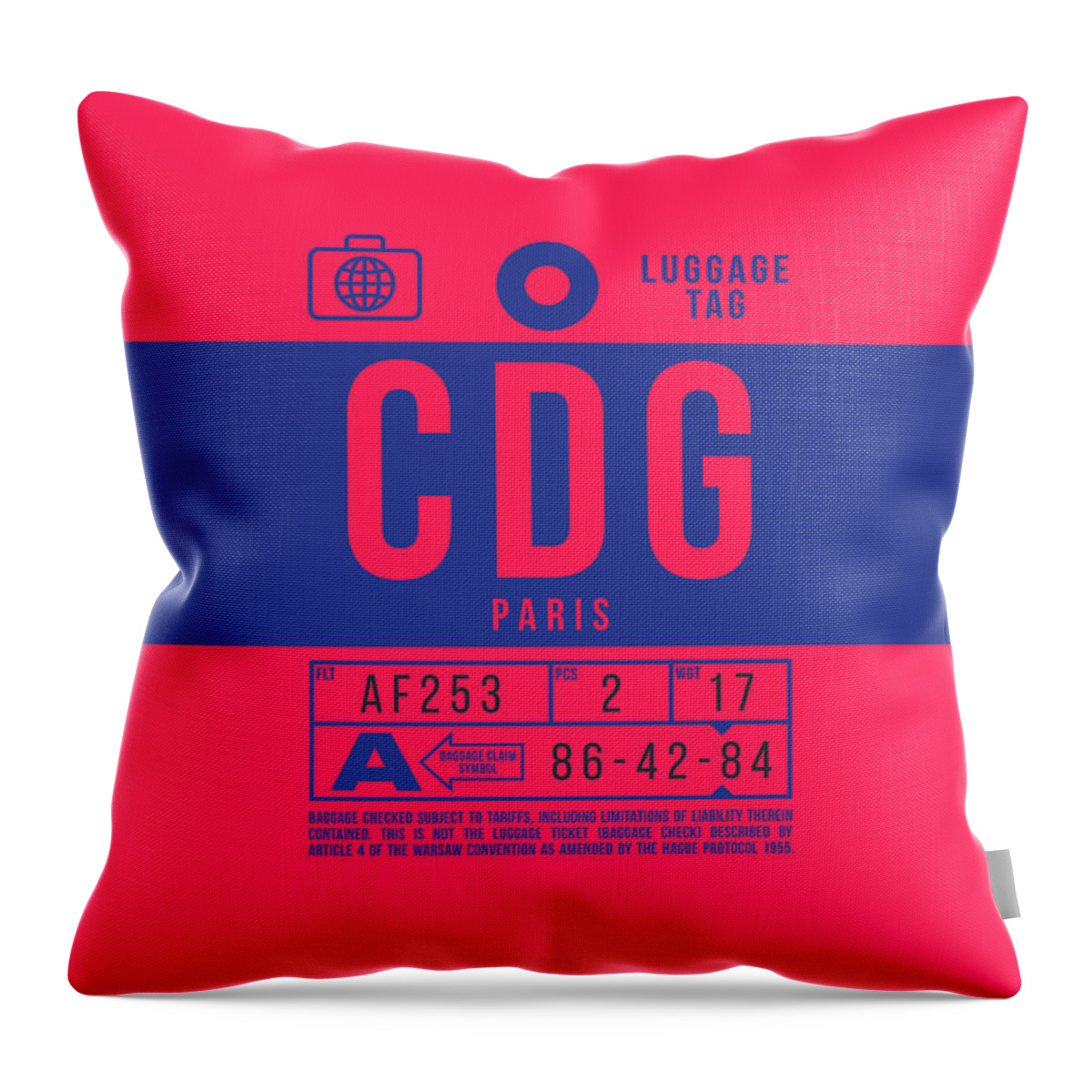 Airline Throw Pillow featuring the digital art Luggage Tag B - CDG Paris France by Organic Synthesis