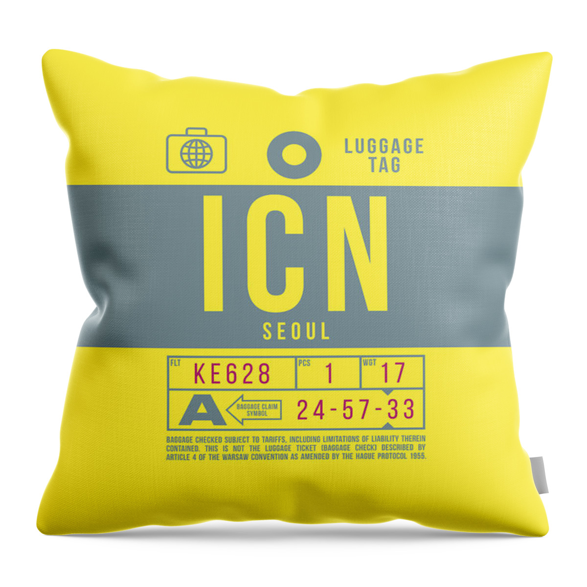 Airline Throw Pillow featuring the digital art Luggage Tag B - ICN Seoul South Korea by Organic Synthesis