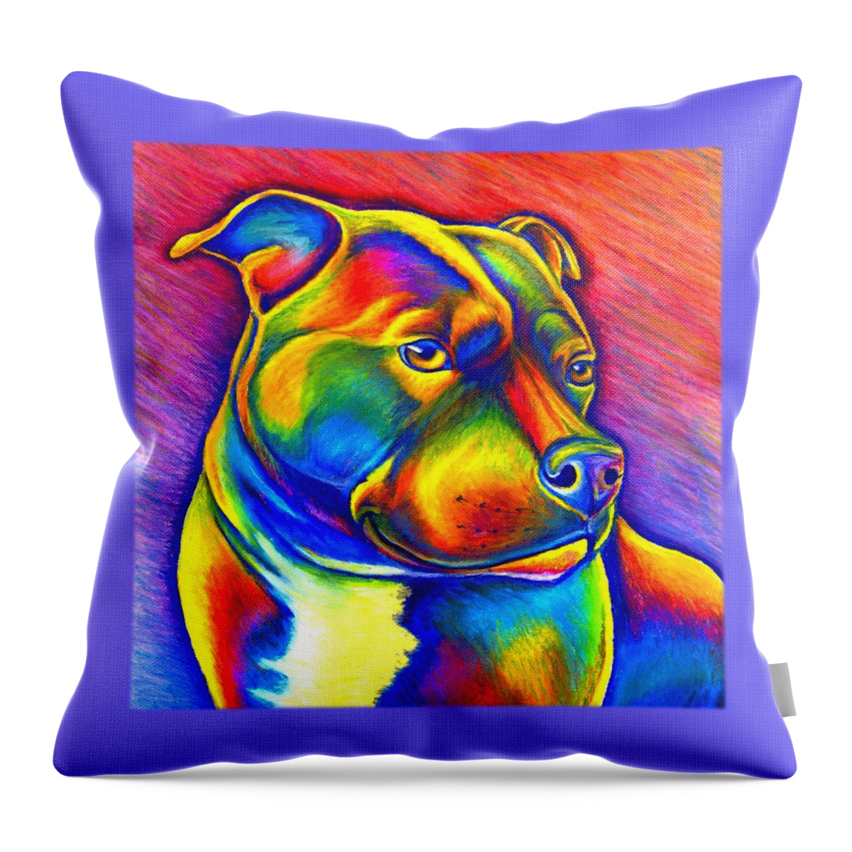 Staffordshire Bull Terrier Throw Pillow featuring the painting Colorful Rainbow Staffordshire Bull Terrier Dog by Rebecca Wang