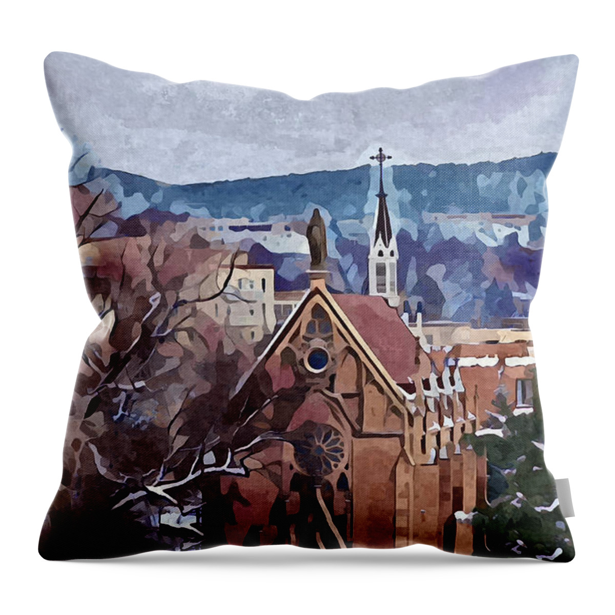 Southwest Throw Pillow featuring the digital art Santa Fe Loretto Chapel by Aerial Santa Fe