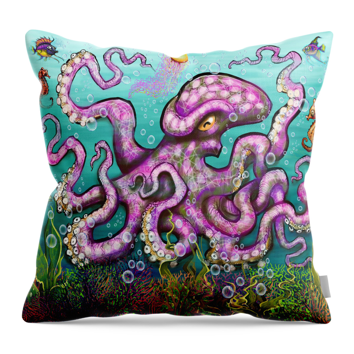 Octopus Throw Pillow featuring the digital art Undersea Garden Party by Kevin Middleton