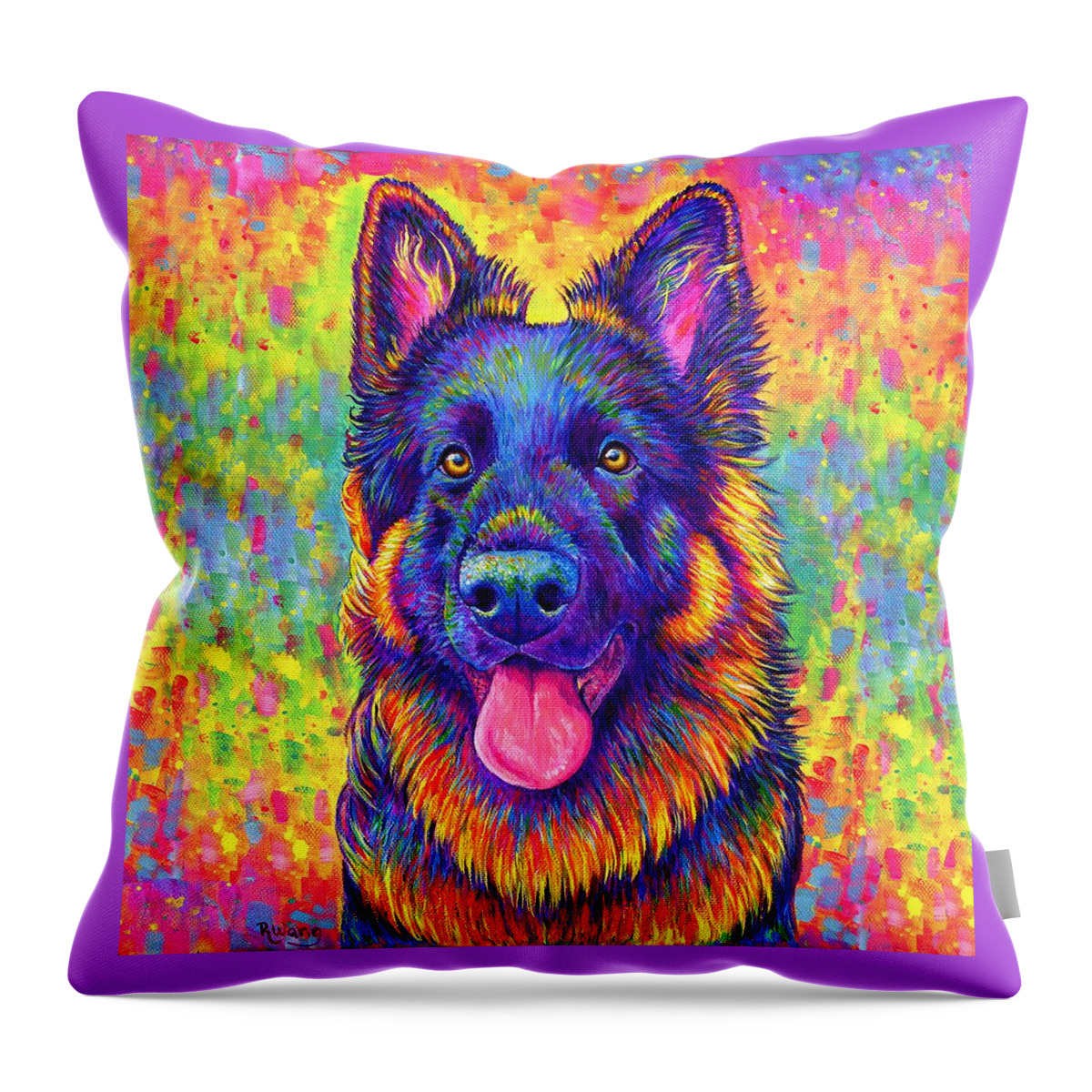 German Shepherd Throw Pillow featuring the painting Psychedelic Rainbow German Shepherd Dog by Rebecca Wang