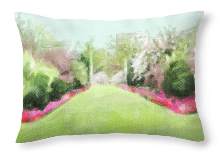 Brooklyn Botanic Garden Throw Pillow featuring the painting Azaleas and Cherry Blossoms Brooklyn Botanic Garden by Beverly Brown