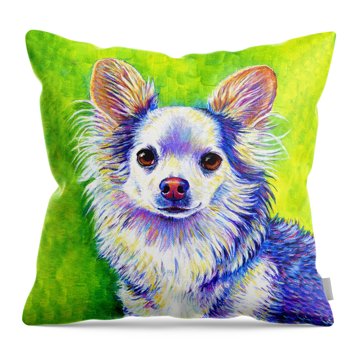 Chihuahua Throw Pillow featuring the painting Colorful Cute Longhaired Chihuahua Dog by Rebecca Wang