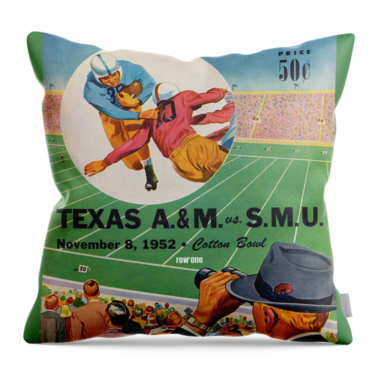 Smu Throw Pillow featuring the mixed media 1952 Southern Methodist University Football Art by Row One Brand