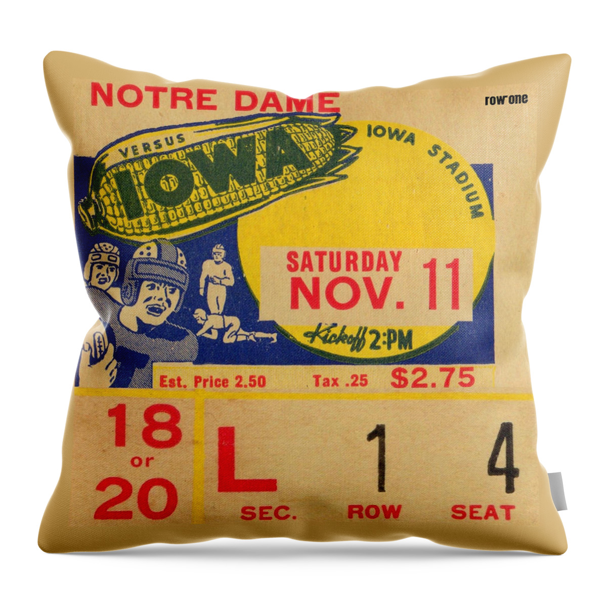 Iowa Throw Pillow featuring the mixed media 1939 Notre Dame vs. Iowa by Row One Brand
