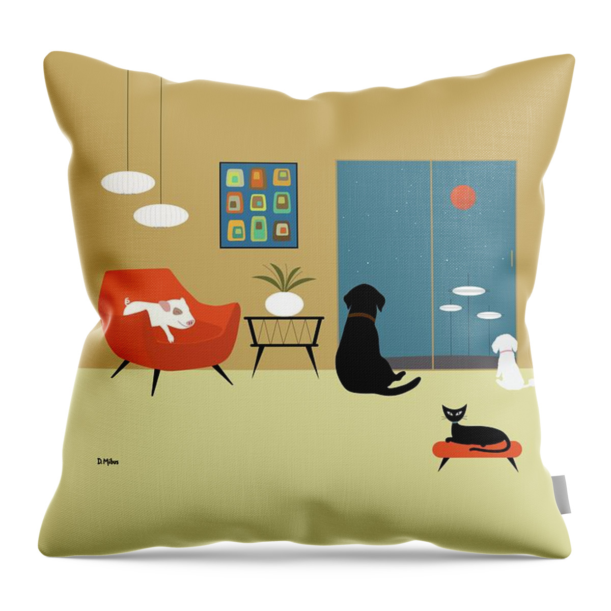 Cat Throw Pillow featuring the digital art Mid Century Modern Pig by Donna Mibus
