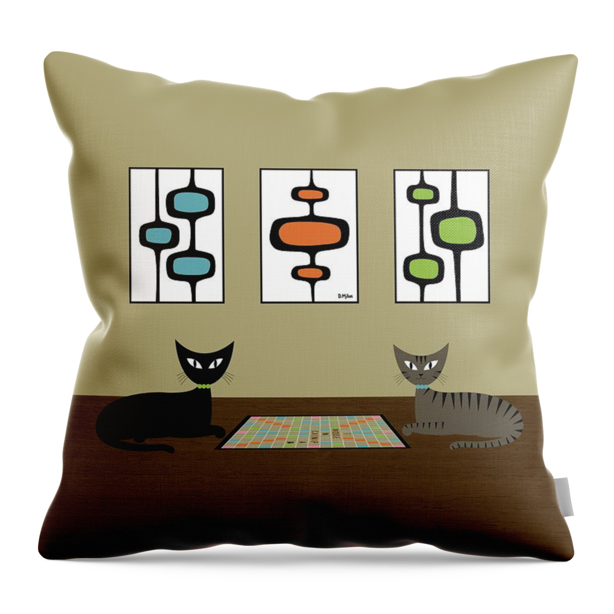 Mid Century Modern Throw Pillow featuring the digital art Mid Century Scrabble Cats by Donna Mibus