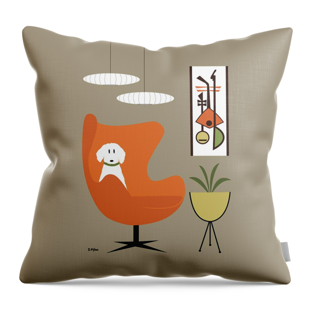 Mid Century Modern Throw Pillow featuring the digital art Mid Century White Dog in Orange Egg Chair by Donna Mibus