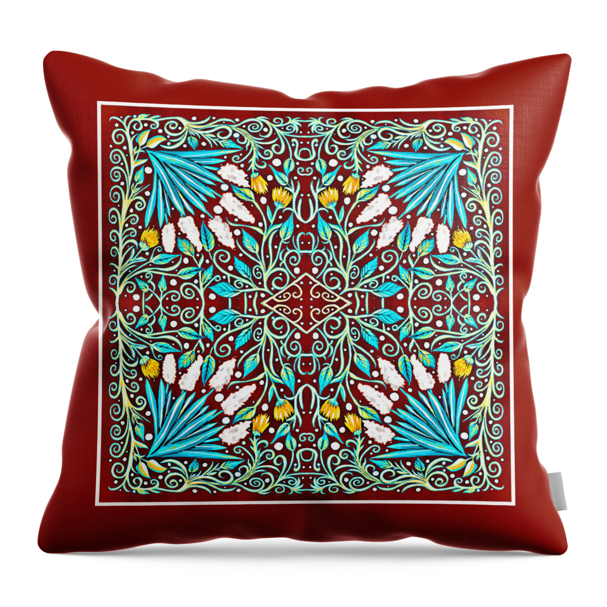 Turquoise Leaves Throw Pillow featuring the mixed media Floral Design in Turquoise, Yellow and Red by Lise Winne