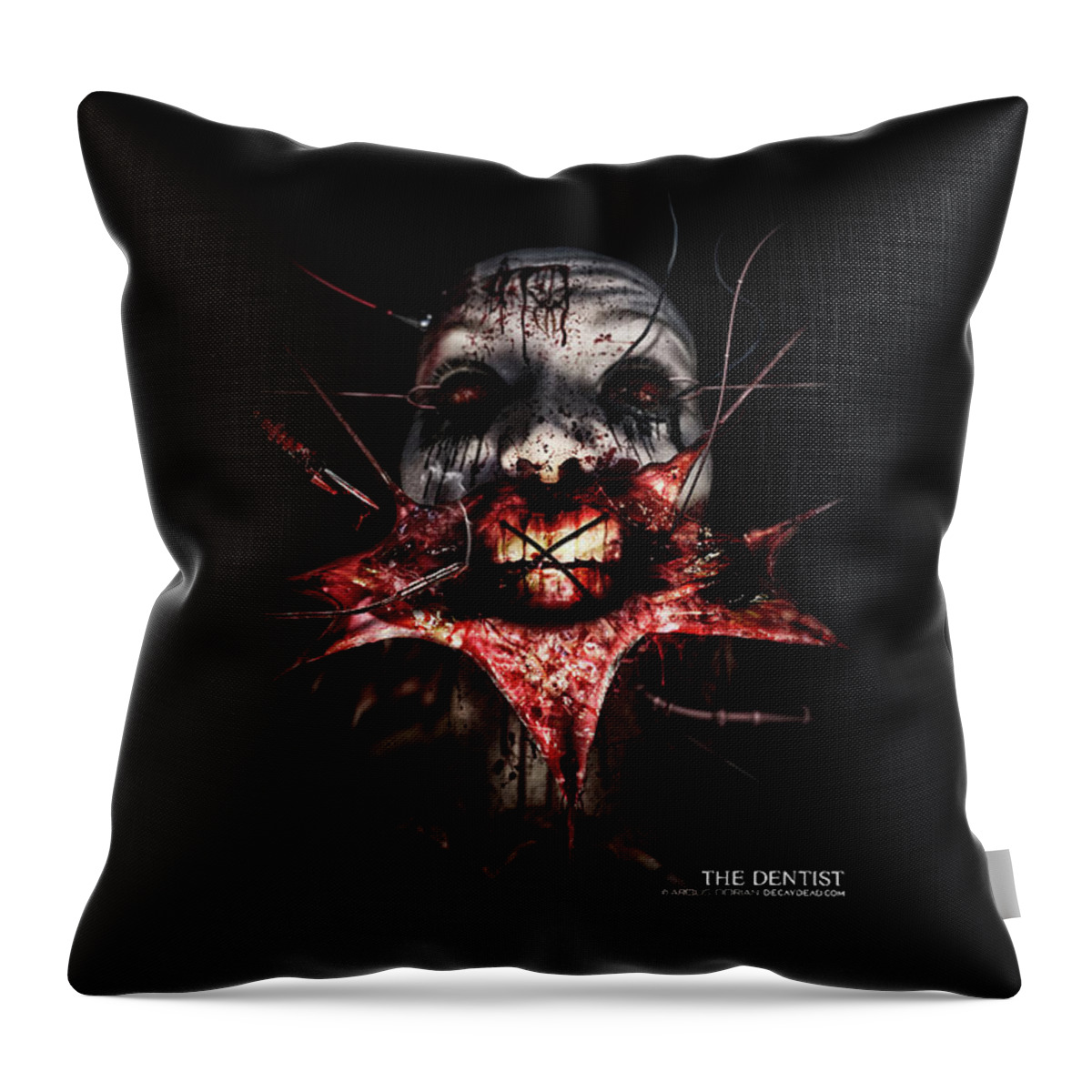 Argus Dorian Throw Pillow featuring the digital art The Dentist by Argus Dorian Decaydead dark artist by Argus Dorian