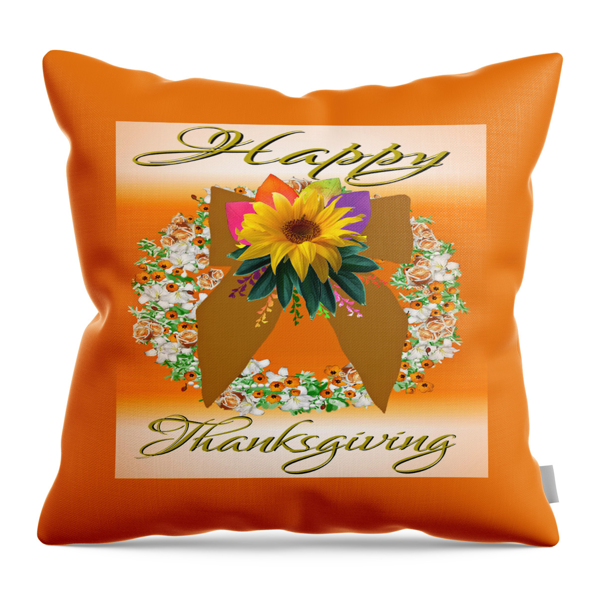 Happy Throw Pillow featuring the digital art Floral Wreath Happy Thanksgiving Card by Delynn Addams
