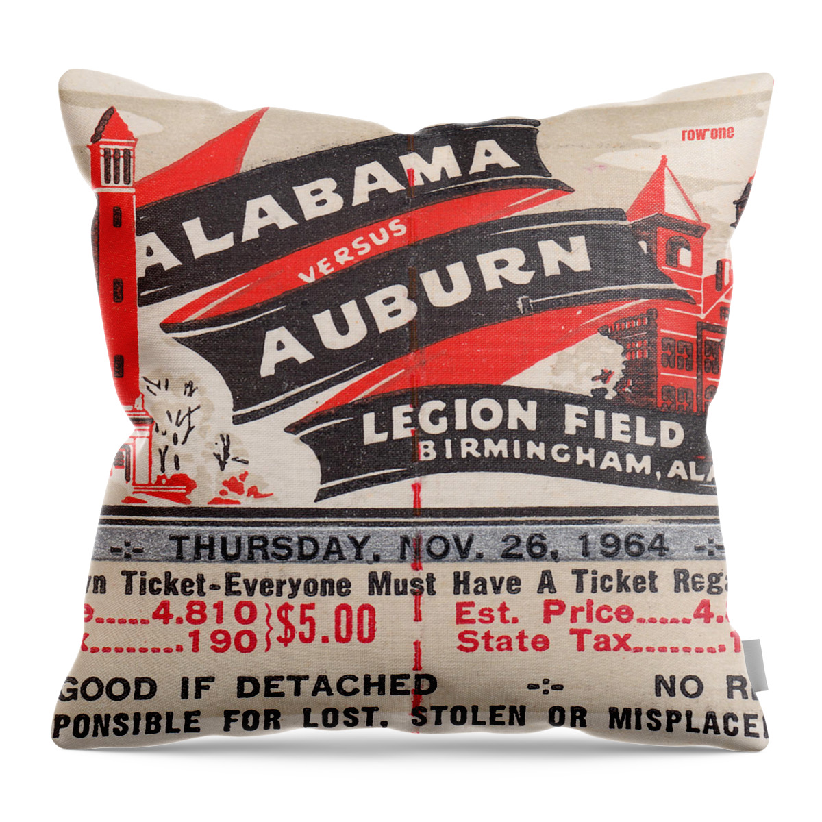 Cyber Monday College Football Gift Ideas Throw Pillow featuring the mixed media 1964 Iron Bowl by Row One Brand