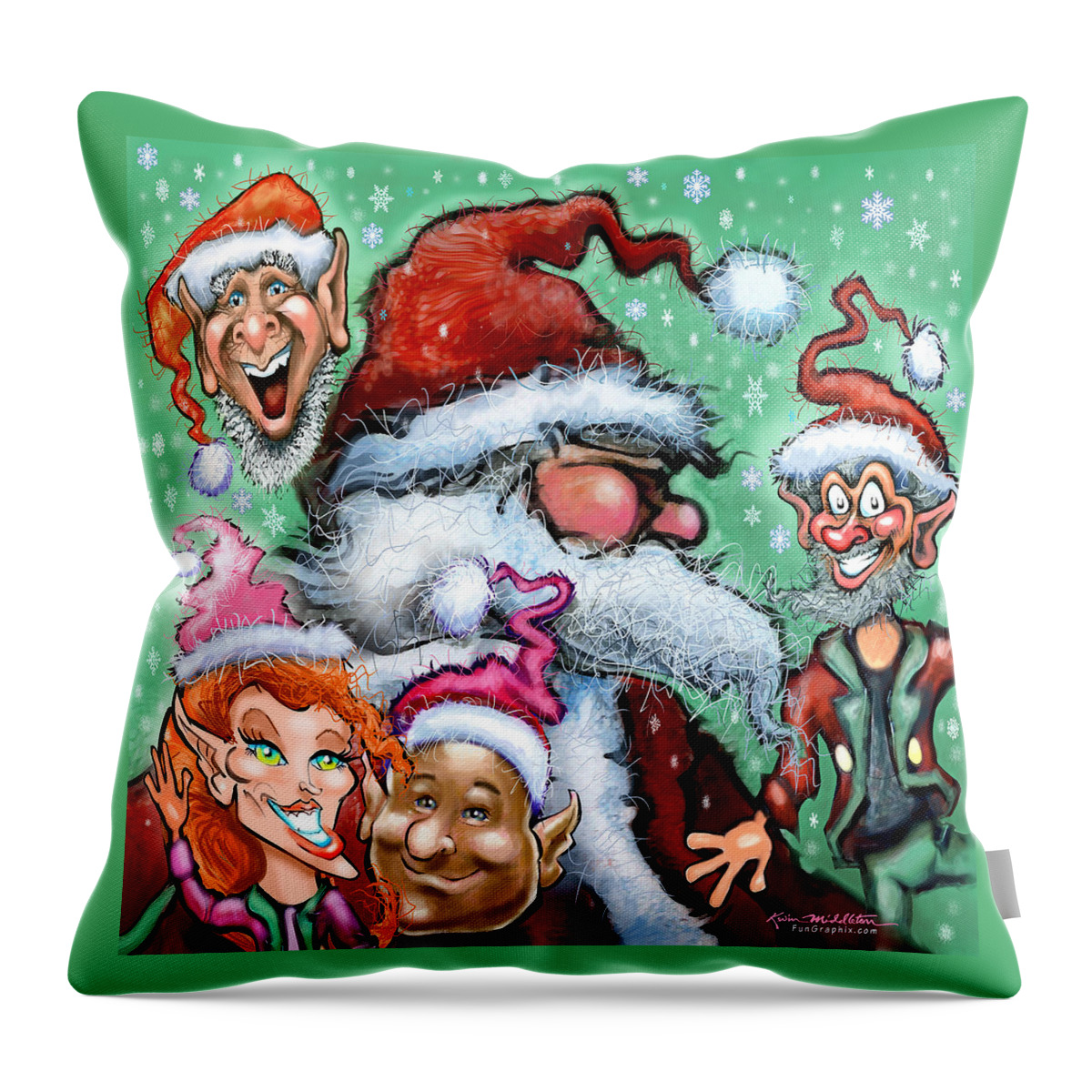 Santa Throw Pillow featuring the digital art Santa and his Elves by Kevin Middleton