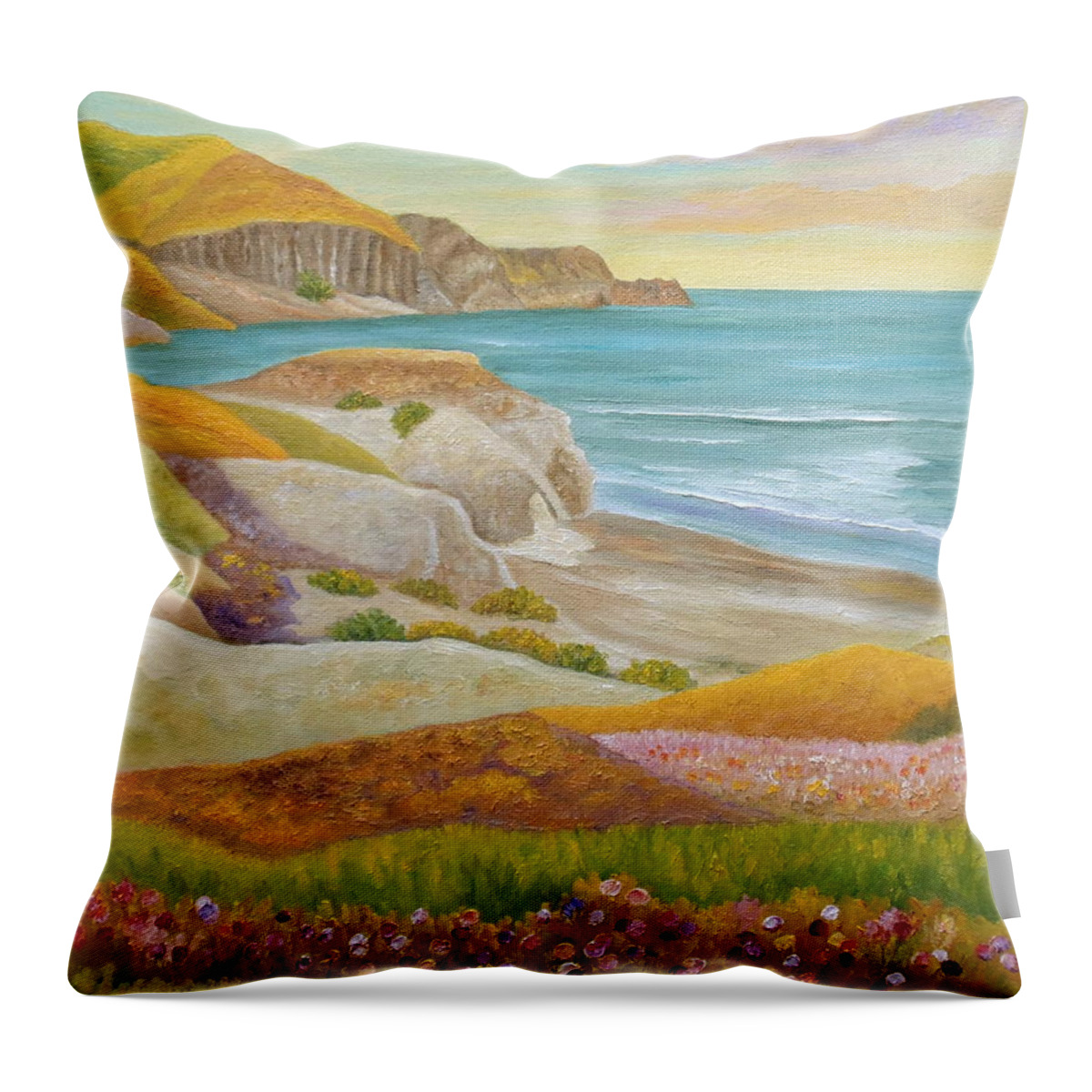 Wild Flowers Throw Pillow featuring the painting Prairie By The Sea by Angeles M Pomata