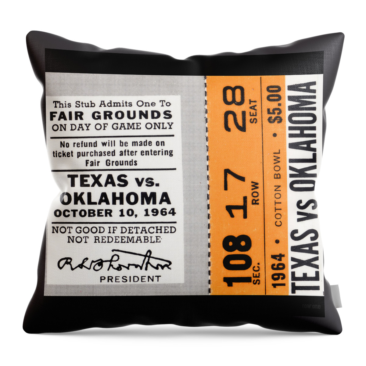 Texas Throw Pillow featuring the mixed media 1964 Oklahoma Sooners vs. Texas Longhorns Football Ticket Art by Row One Brand