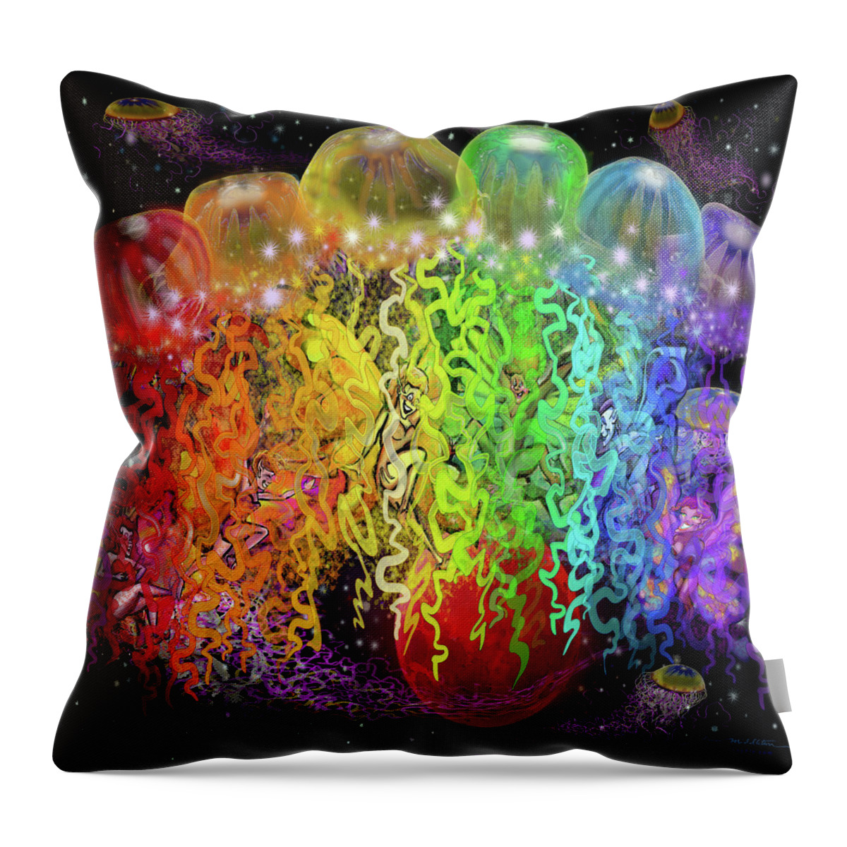 Space Throw Pillow featuring the digital art Space Pixies n Jellyfish by Kevin Middleton