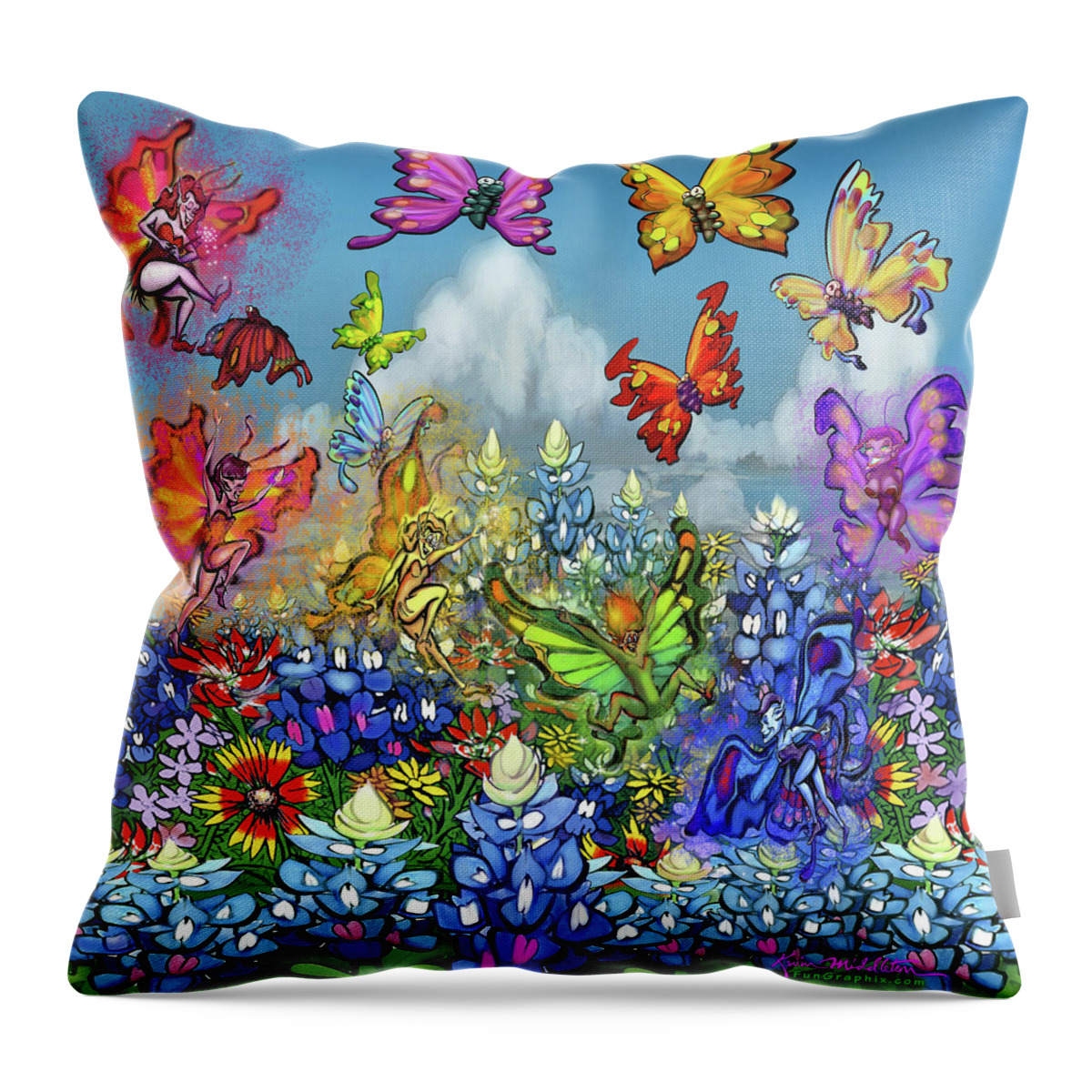 Wildflowers Throw Pillow featuring the digital art Wildflowers Pixies Bluebonnets n Butterflies by Kevin Middleton