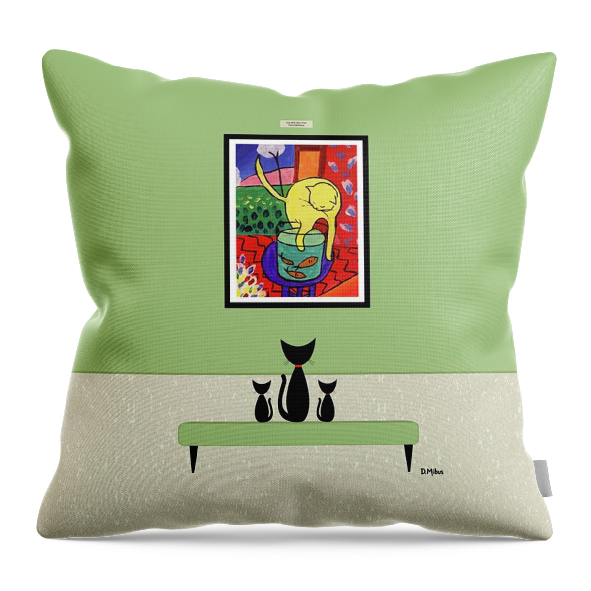 Mid Century Cat Throw Pillow featuring the digital art Cats Admire Matisse Fish Painting by Donna Mibus