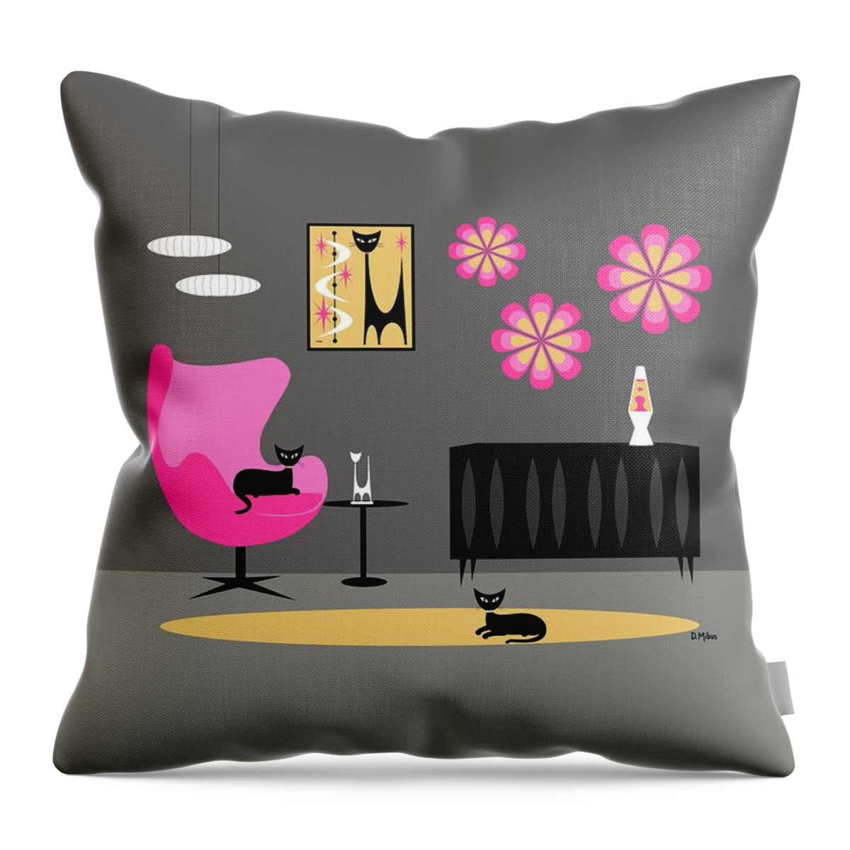 Mid Century Cat Throw Pillow featuring the digital art Groovy Pink Yellow and Gray Room by Donna Mibus