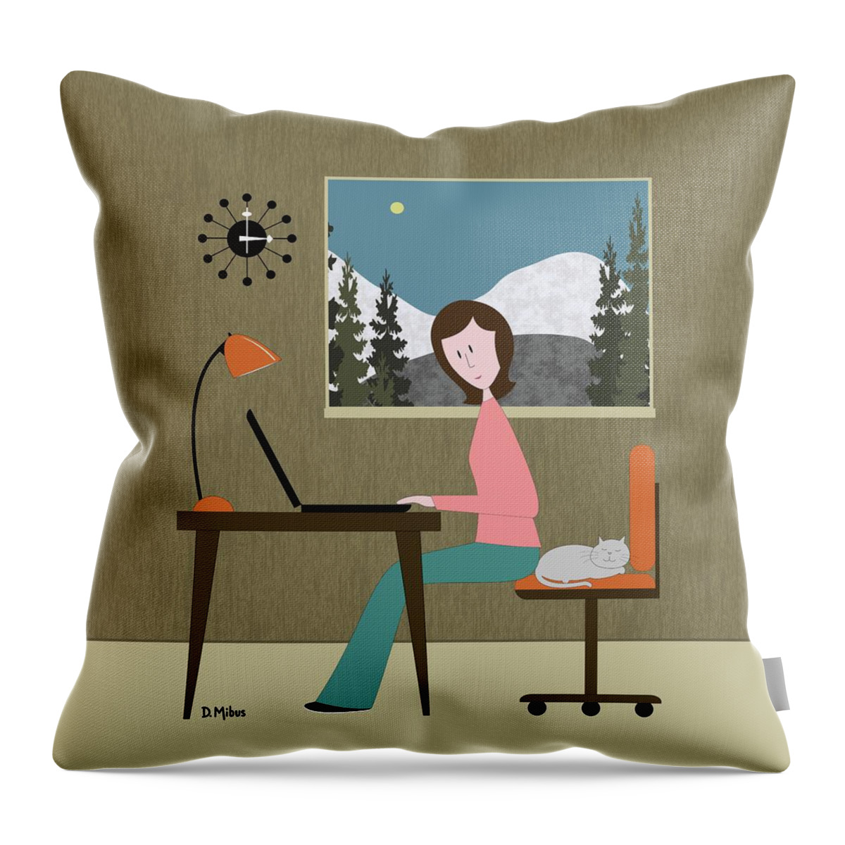 Mid Century Cat Throw Pillow featuring the digital art Mid Century Cat Hogs the Chair by Donna Mibus