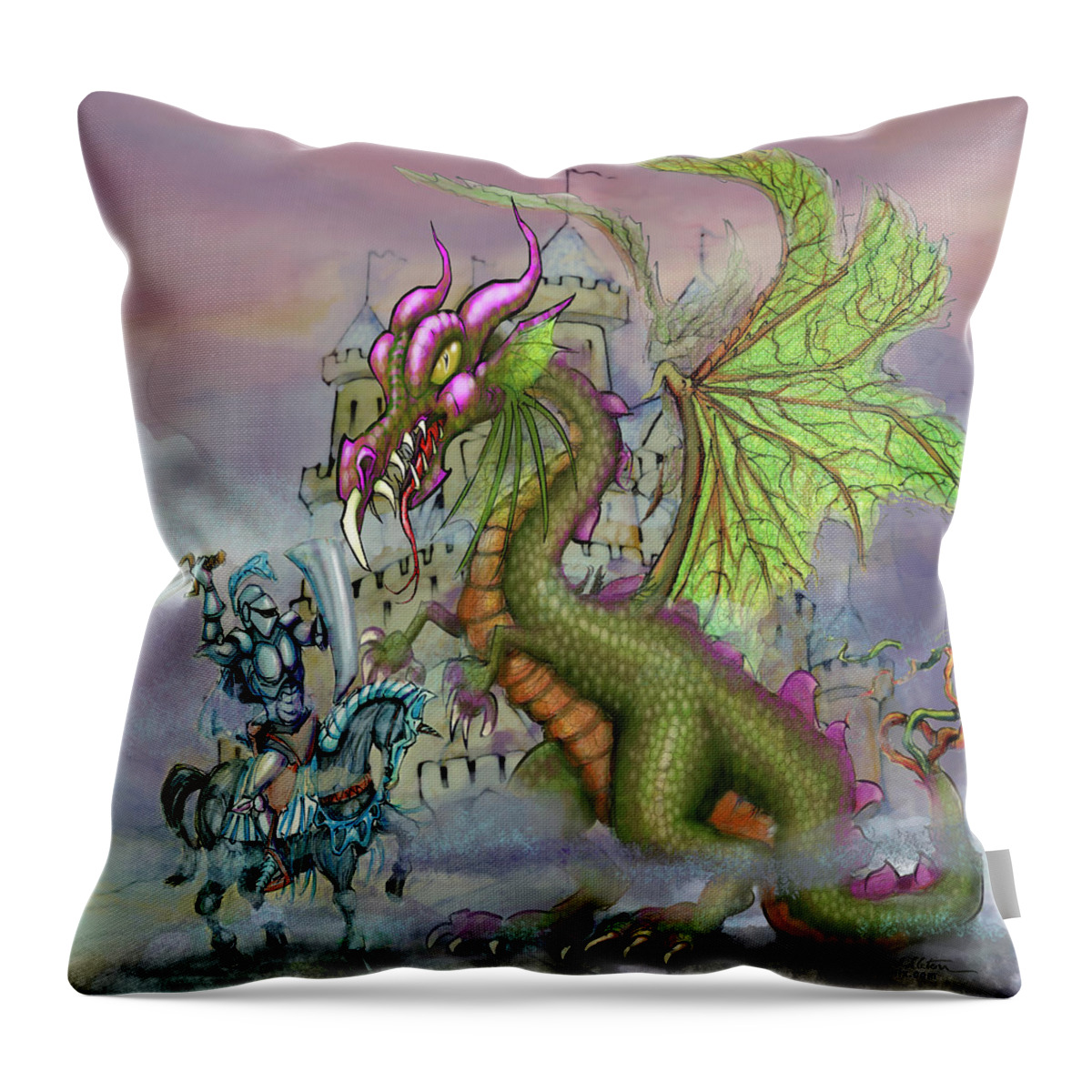 Knight Throw Pillow featuring the digital art Knight n Dragon n Castle by Kevin Middleton