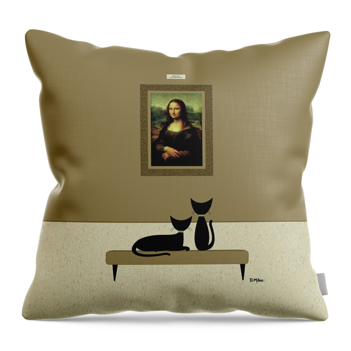Cats Visit Art Museum Throw Pillow featuring the digital art Cats Admire the Mona Lisa by Donna Mibus