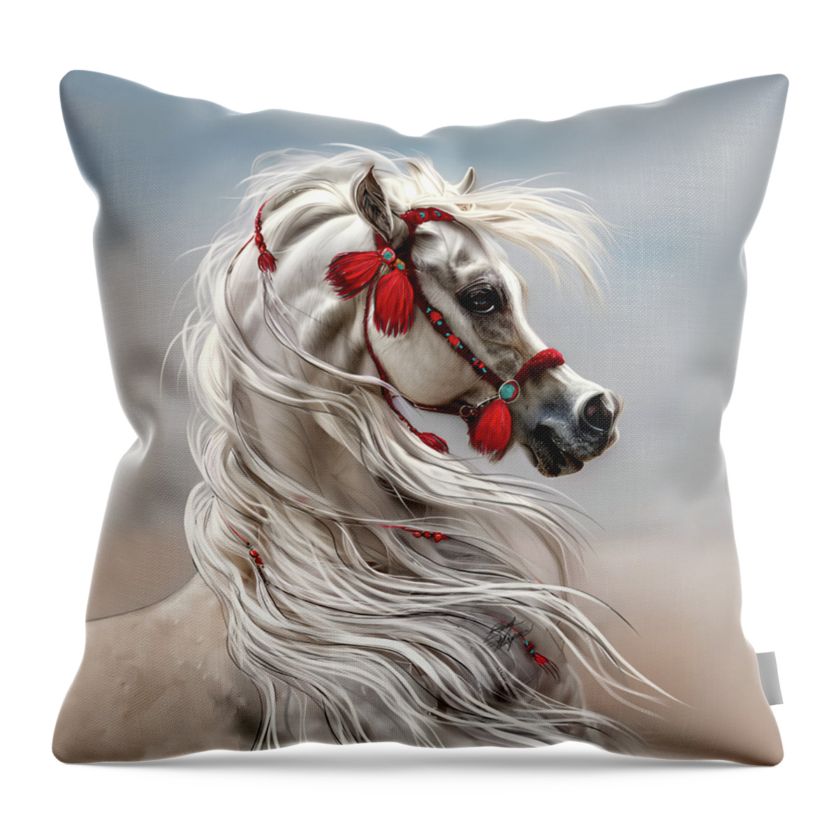 Equestrian Art Throw Pillow featuring the digital art Arabian with Red Tassels by Stacey Mayer by Stacey Mayer
