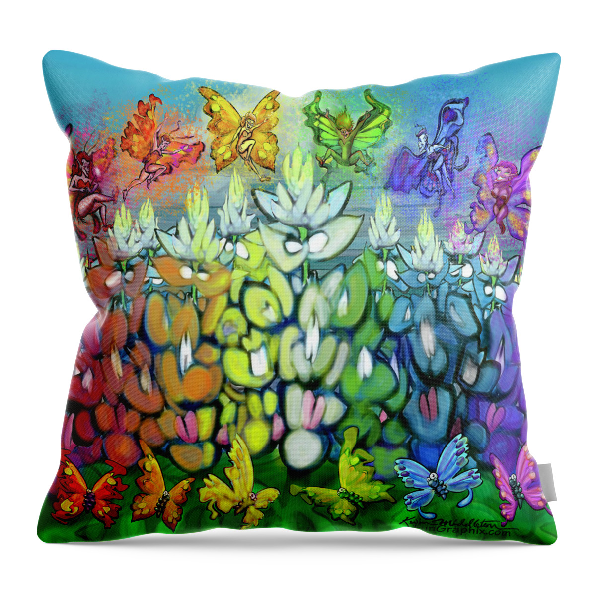 Rainbow Throw Pillow featuring the digital art Rainbow Bluebonnets Scene w Pixies by Kevin Middleton
