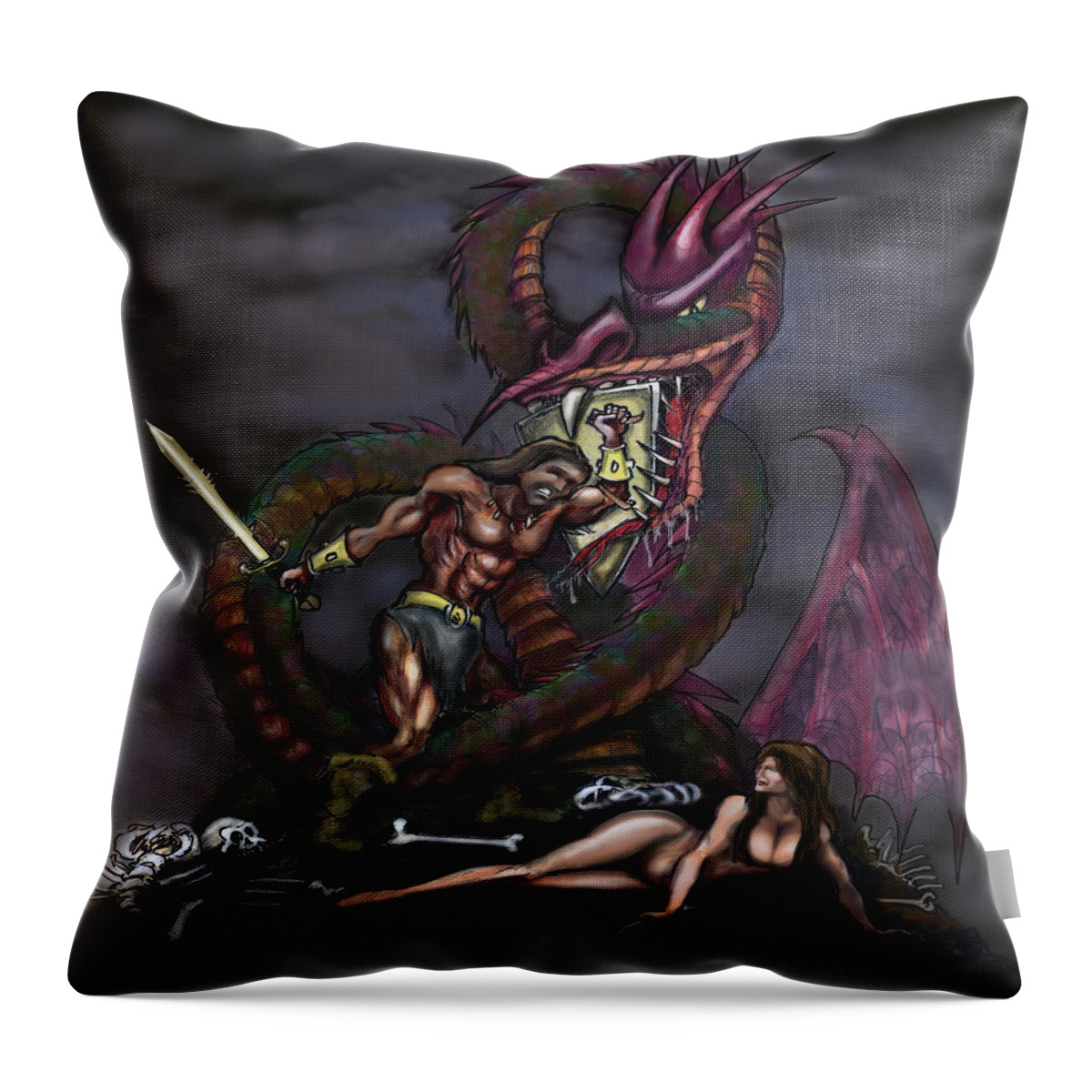Dragon Throw Pillow featuring the painting Dragonslayer by Kevin Middleton