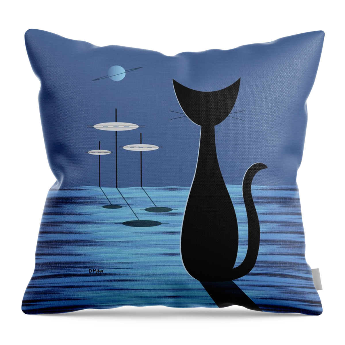 Cat Throw Pillow featuring the digital art Space Cat in Blue by Donna Mibus