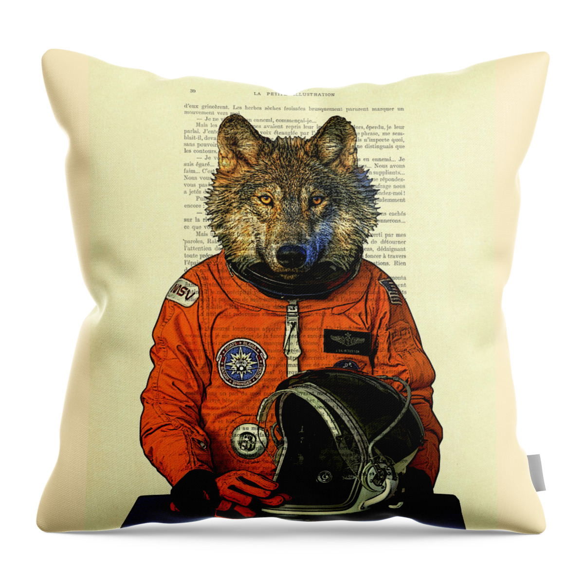 Funny Throw Pillow featuring the mixed media Astronaut wolf book page art by Madame Memento