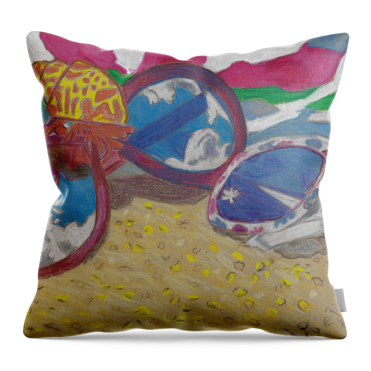 Beach Throw Pillow featuring the drawing At the Beach Sunglasses Lying on the Sand with a Hermit Crab and Beach Towel by Ali Baucom