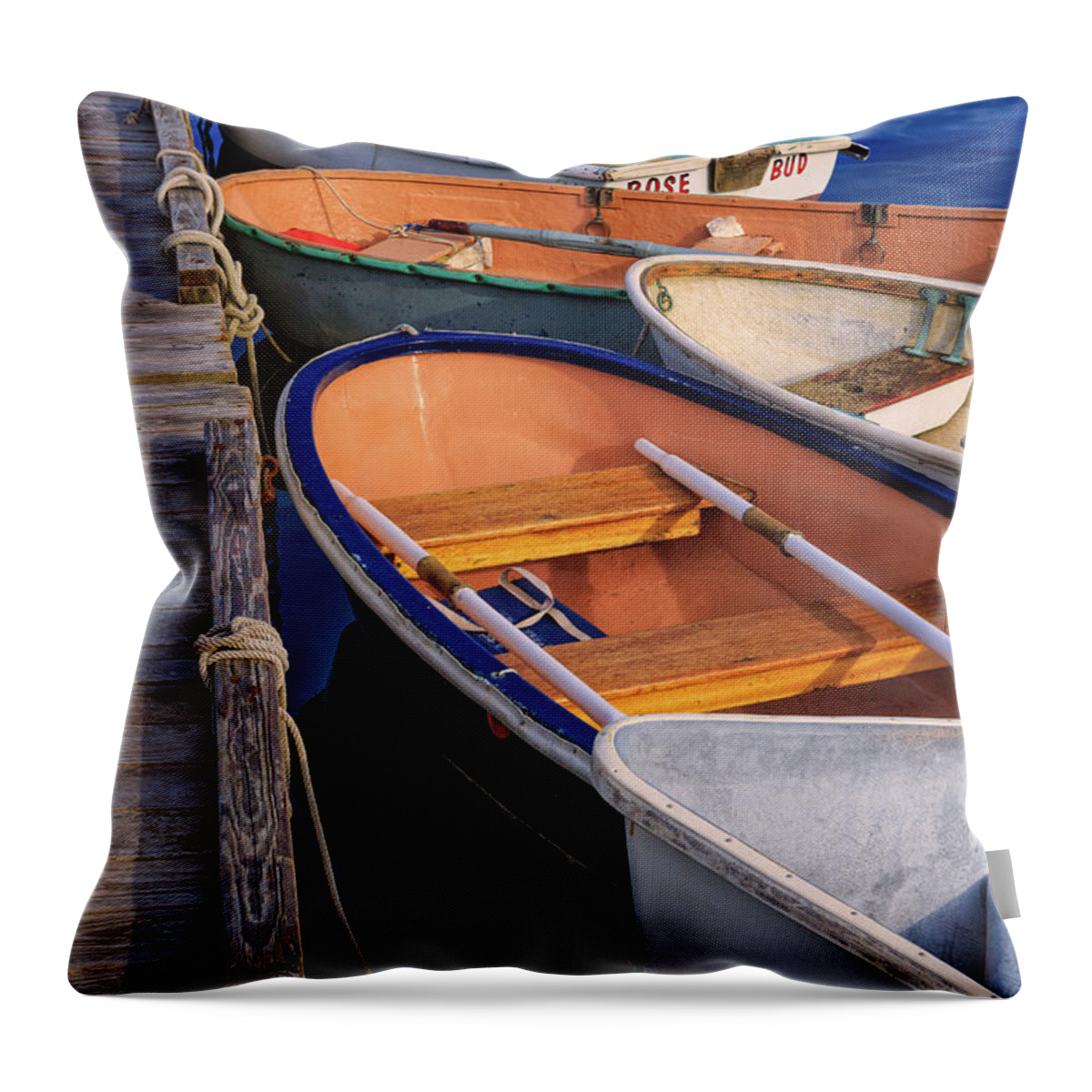 Acadia Throw Pillow featuring the photograph At The Dock. Row Boats In Southwest Harbor, Maine by Jeff Sinon