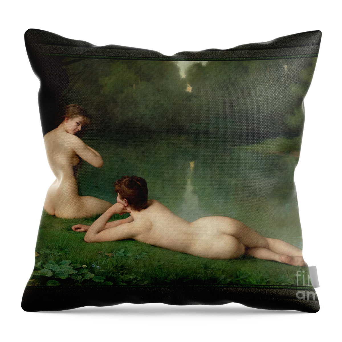 At The Waters Edge Throw Pillow featuring the painting At the Water's Edge by Emmanuel Benner Old Masters Classical Reproduction by Rolando Burbon