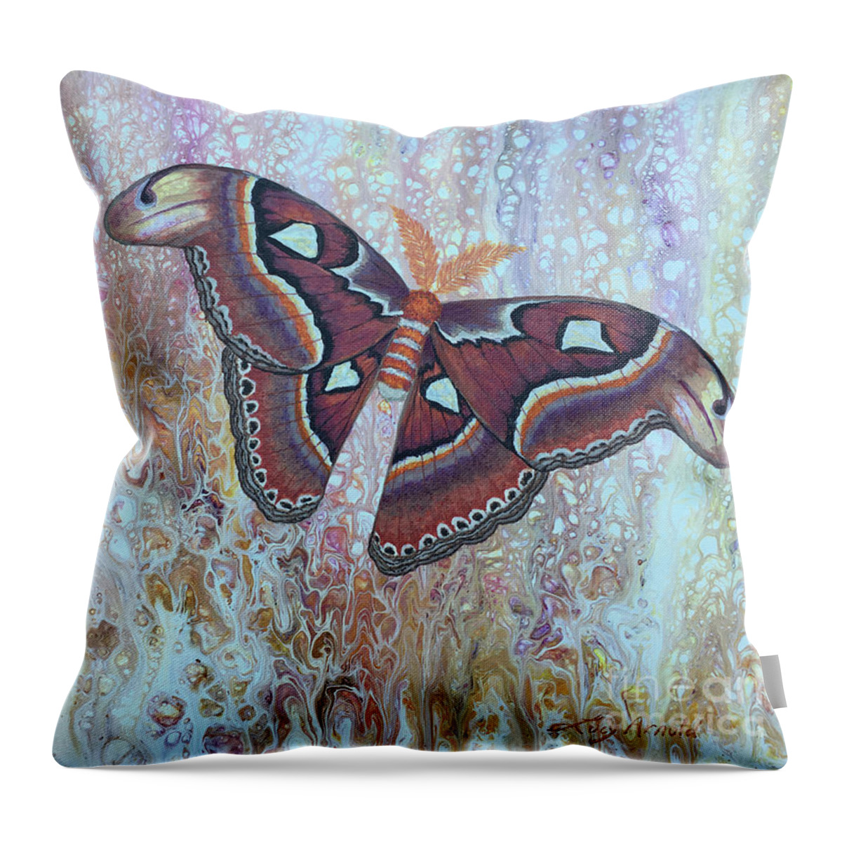 Moth Throw Pillow featuring the painting Atlas Silk Moth by Lucy Arnold