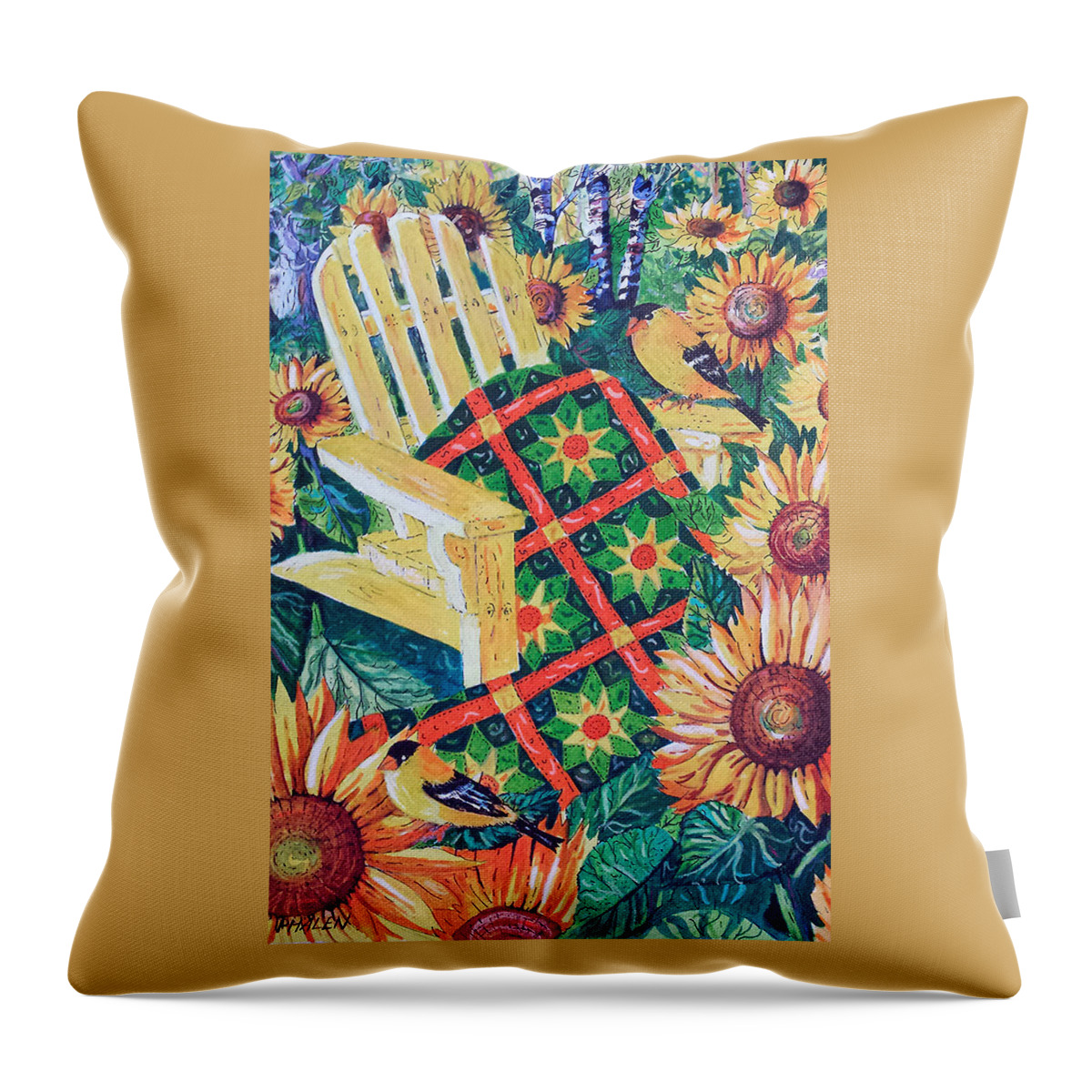 August Sunflowers And Quilt Throw Pillow featuring the painting August Sunflowers and Quilt by Diane Phalen