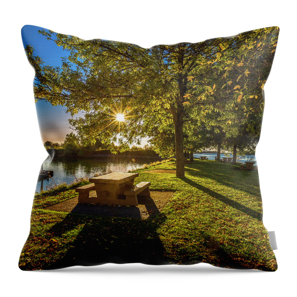 Alex Lyubar Throw Pillow featuring the photograph Autumn at the picnic area by Alex Lyubar